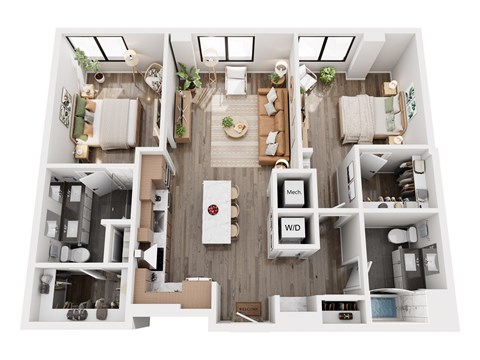Floor plan for 2 beds, 2 baths, 1065 sqft